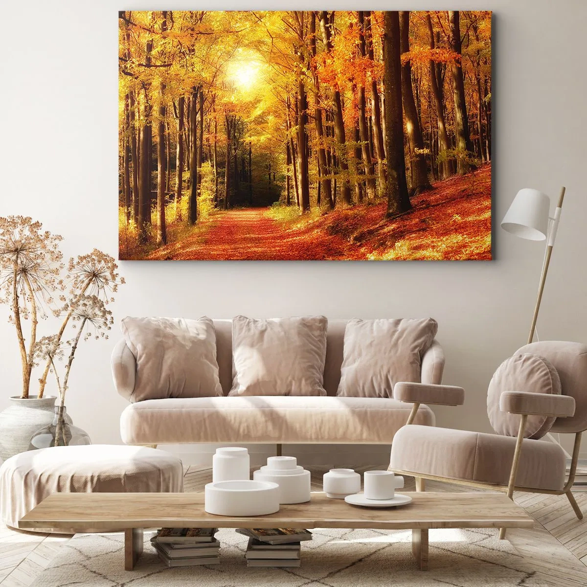 Obraz na plátne - Jesenný les so slnečnými lúčmi presvitajúcimi cez stromy - 70x50cm - Zlatá jeseň na lesnej ceste - Moderná nástenná dekorácia do obývacej izby a spálne ARTTOR