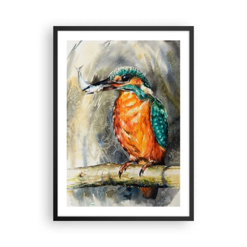 Plagát v čiernom ráme - Vodný lev drží rybu na pozadí prírodnej krajiny v akvarelovom štýle. - 50x70cm - Prírodný zákon - Moderná nástenná dekorácia do obývacej izby a spálne ARTTOR