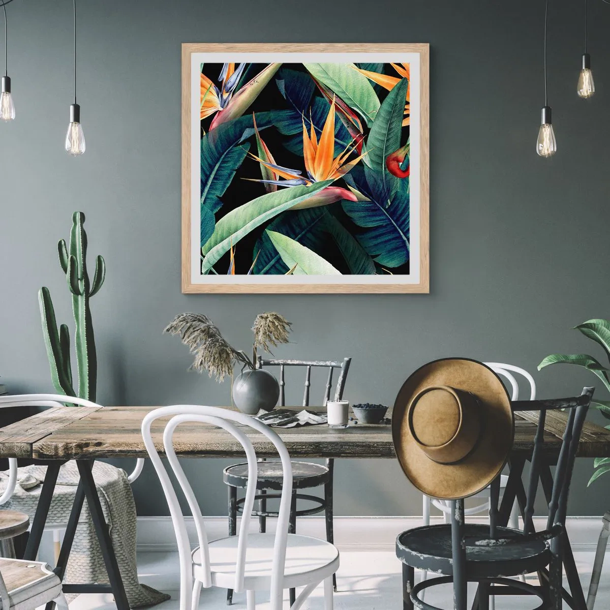 Plagát v ráme zo svetlého duba - Plamenné kvety trópov - 50x50 cm