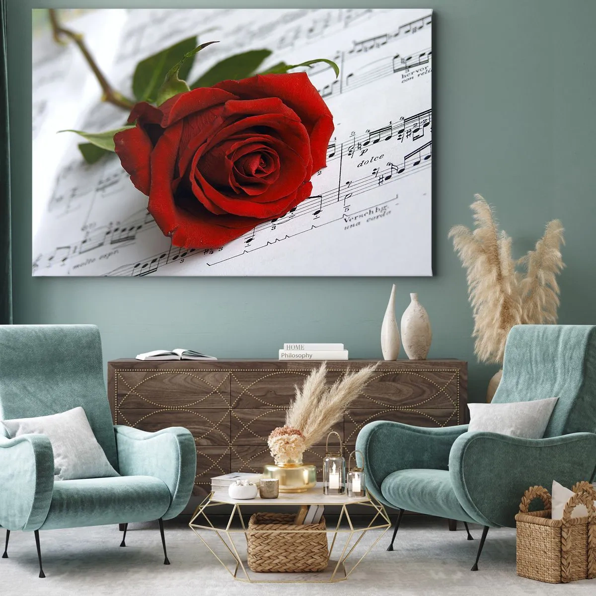Obraz na plátne - Červená ruža na pozadí hudobných nôt na bielom papieri. - 70x50cm - Hudba pocitu v šarlátovej - Moderná nástenná dekorácia do obývacej izby a spálne ARTTOR