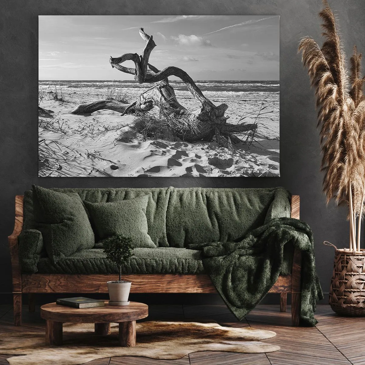 Obraz na plátne - Čiernobiela krajina s mŕtvym stromom na pláži - 70x50cm - Morská socha - Moderná nástenná dekorácia do obývacej izby a spálne ARTTOR