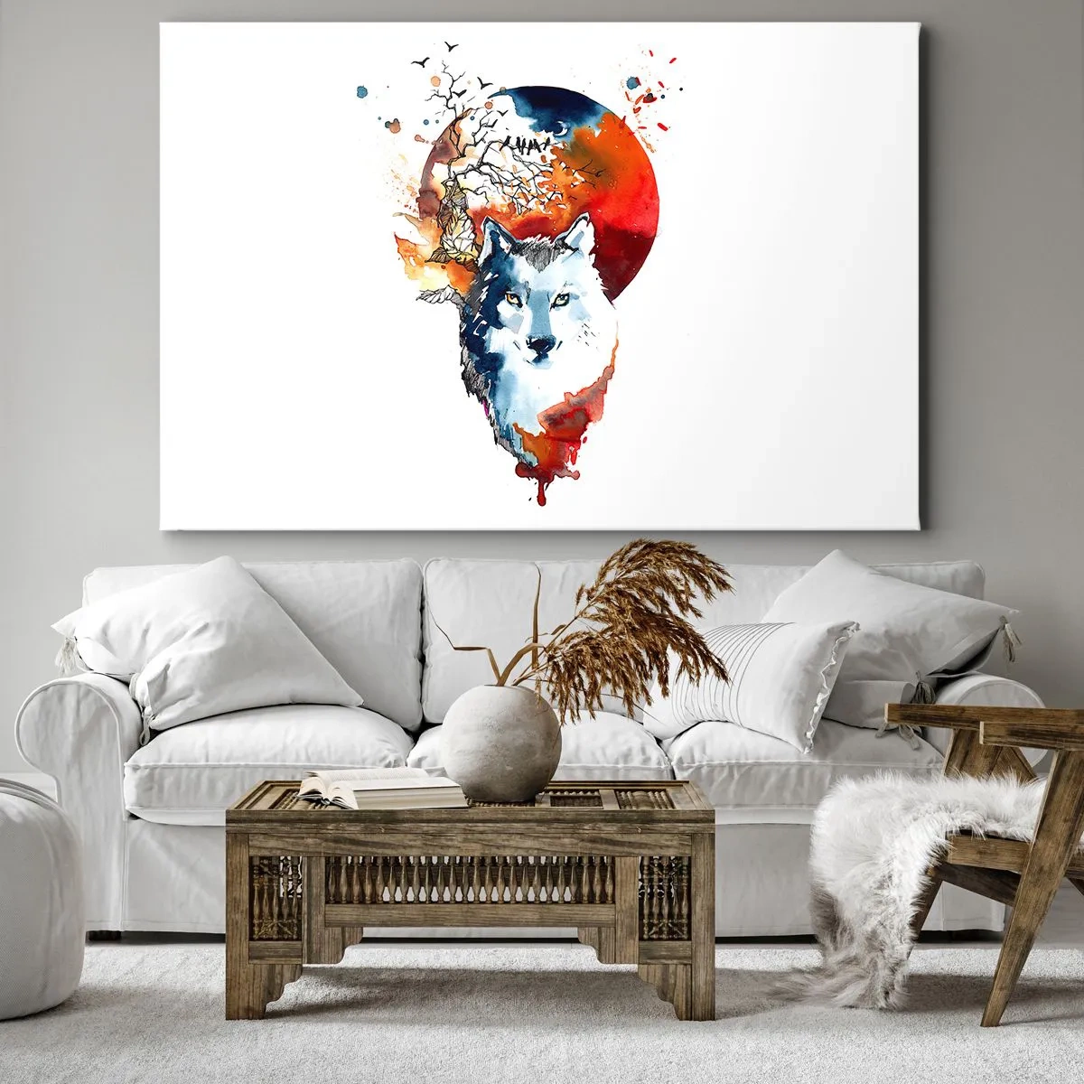Obraz na plátne - Abstraktná akvarelová maľba vlka na pozadí červeného mesiaca - 70x50cm - Nosom na skle - Moderná nástenná dekorácia do obývacej izby a spálne ARTTOR