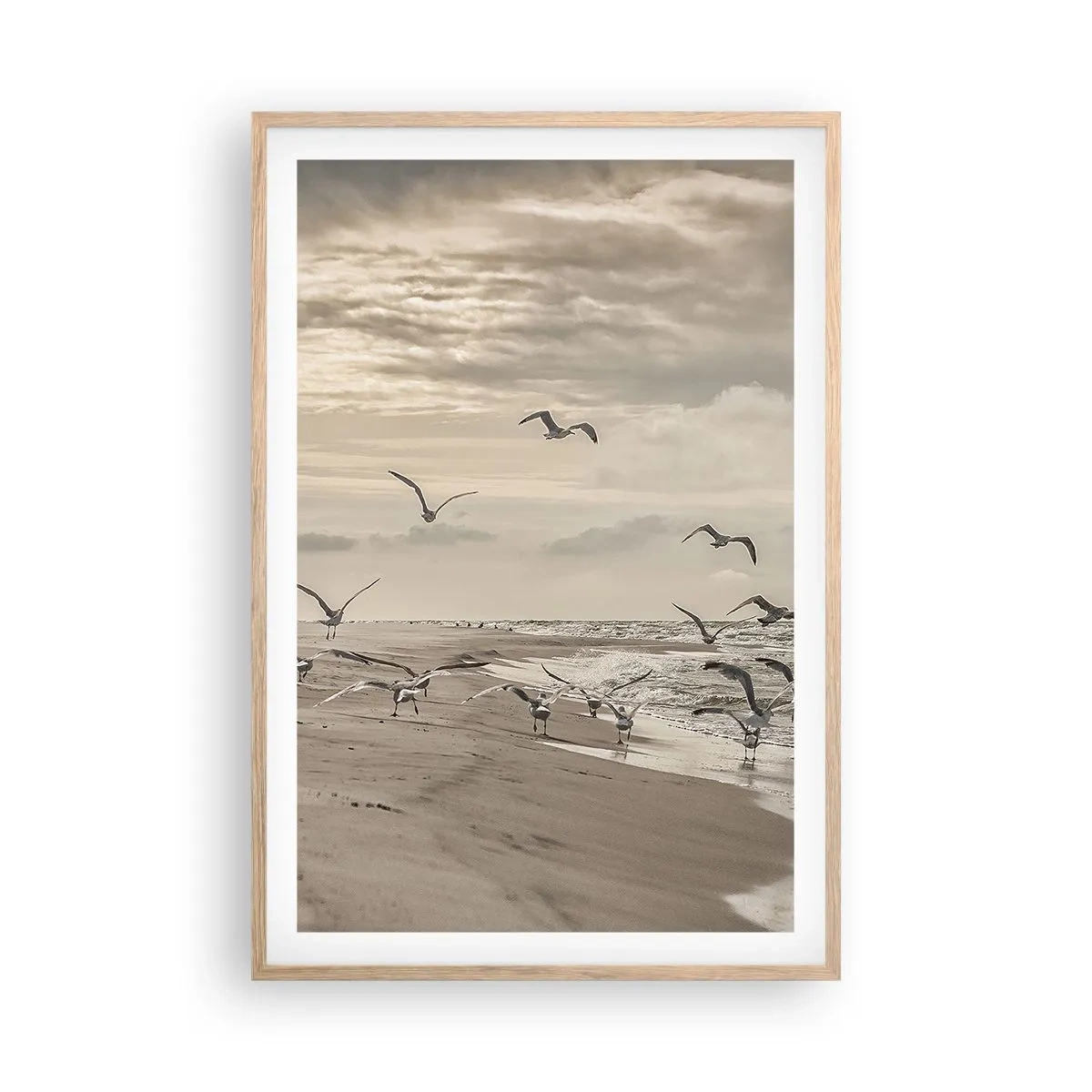 Plagát v ráme zo svetlého duba - Šumenie mora, spev vtákov - 61x91 cm