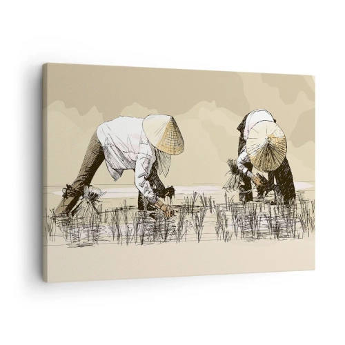 Obraz na plátne - Farmári pracujúci na ryžovom poli s tradičnou pokrývkou hlavy - 70x50cm - Úspešný zber - Moderná nástenná dekorácia do obývacej izby a spálne ARTTOR