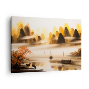 Obraz na plátne - Orientálna krajina s riekou, horami a jemnou hmlou. - 70x50cm - Ďalej ako na Ďalekom východe - Moderná nástenná dekorácia do obývacej izby a spálne ARTTOR