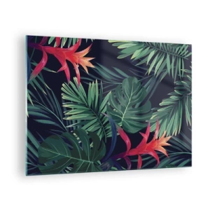 Obraz na skle - Exotické listy a kvety na tmavom pozadí - 70x50cm - Vzplanúť v zelenom - Moderná nástenná dekorácia do obývacej izby a spálne ARTTOR