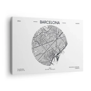 Obraz na plátne - Mapa Barcelony v minimalistickom čiernobielom štýle - 70x50cm - Anatómia Barcelony - Moderná nástenná dekorácia do obývacej izby a spálne ARTTOR