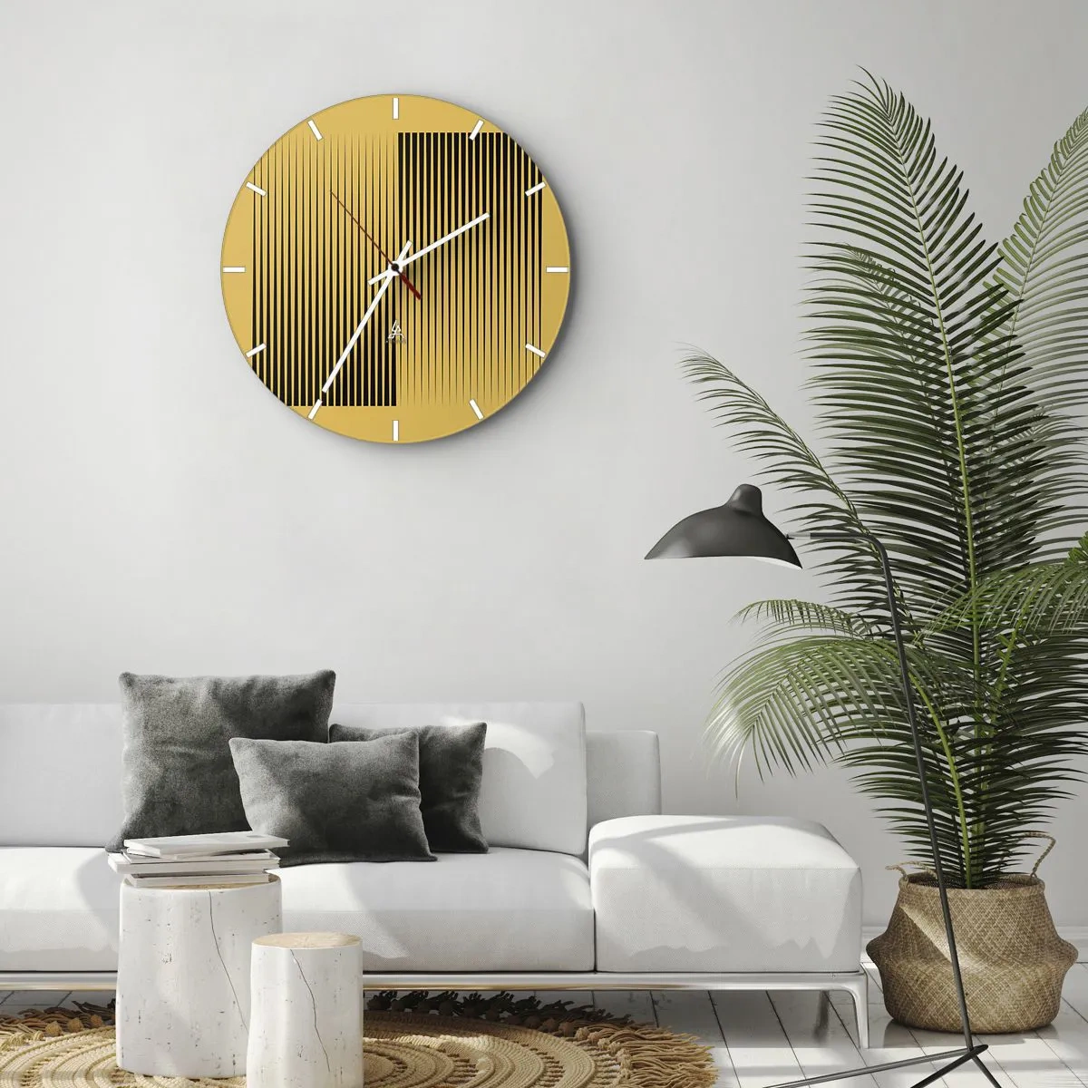 Nástenné hodiny - Žlté pozadie s čiernymi zvislými čiarami vytvára geometrický efekt - 30x30cm - Štvorec protikladov - Moderná nástenná dekorácia do obývacej izby, kuchyne a spálne ARTTOR