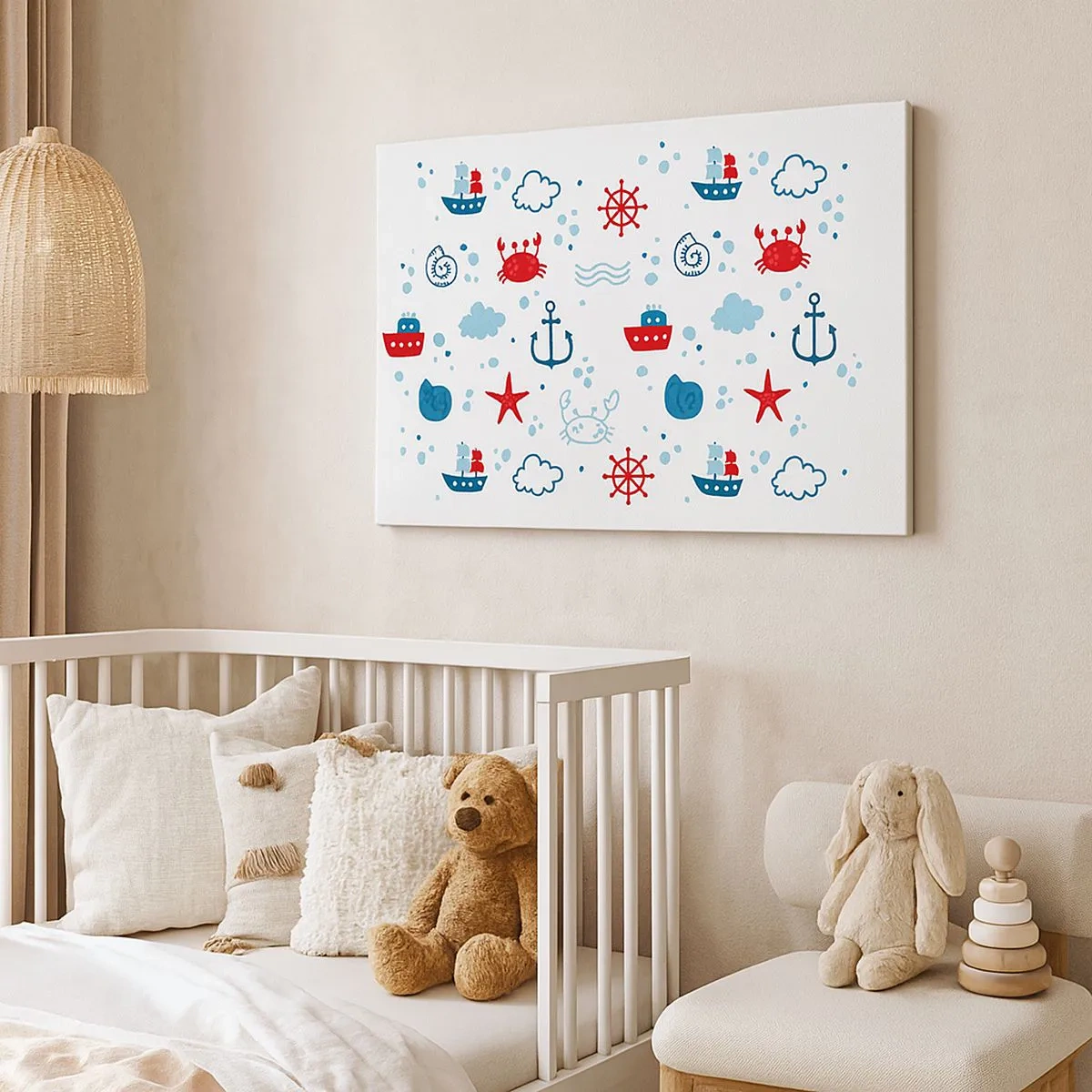 Obraz na plátne - Námorný vzor s kotvami, loďami a krabami - 70x50cm - Morská rozprávka - Moderná nástenná dekorácia do obývacej izby a spálne ARTTOR