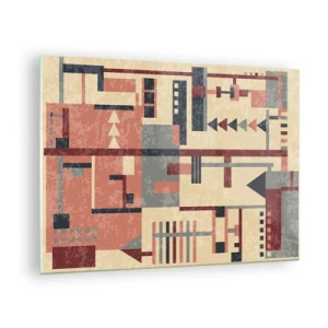 Obraz na skle - Abstraktný geometrický vzor v béžových a červených odtieňoch - 70x50cm - Vodorovná a zvislá kombinácia - Moderná nástenná dekorácia do obývacej izby a spálne ARTTOR