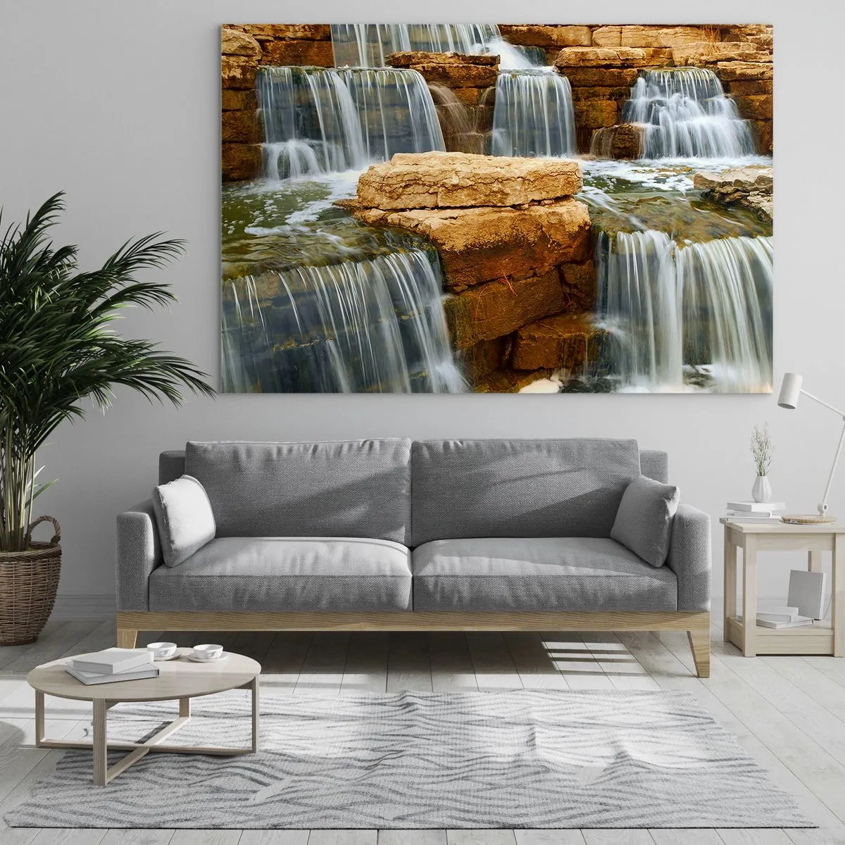 Obraz na skle - Vodopád na skalnatom pozadí - 70x50cm - Schody do neba - Moderná nástenná dekorácia do obývacej izby a spálne ARTTOR