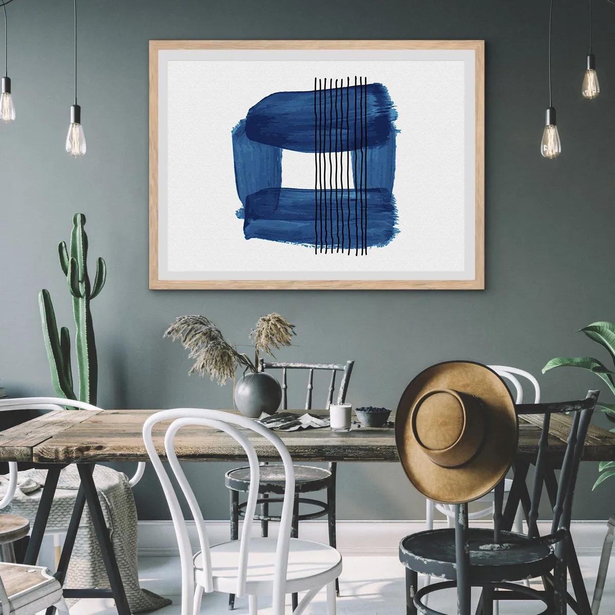Plagát v ráme zo svetlého duba - Modročierna kompozícia - 50x40 cm