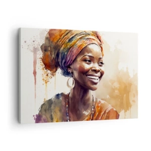 Obraz na plátne - Portrét usmievavej ženy v farebnej šatke v akvarelovom štýle - 70x50cm - Africká kráľovná - Moderná nástenná dekorácia do obývacej izby a spálne ARTTOR