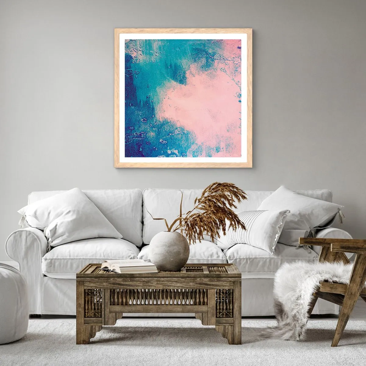 Plagát v ráme zo svetlého duba - Modré objatie - 50x50 cm
