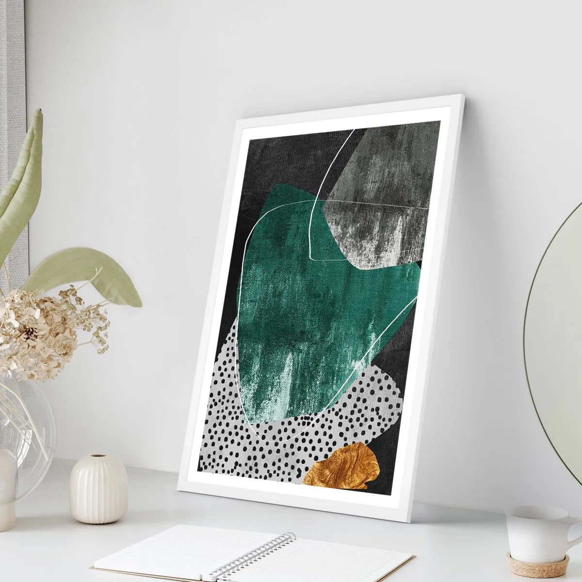 Plagát v bielom ráme - Farebná abstrakcia so zlatou vločkou - 40x50 cm