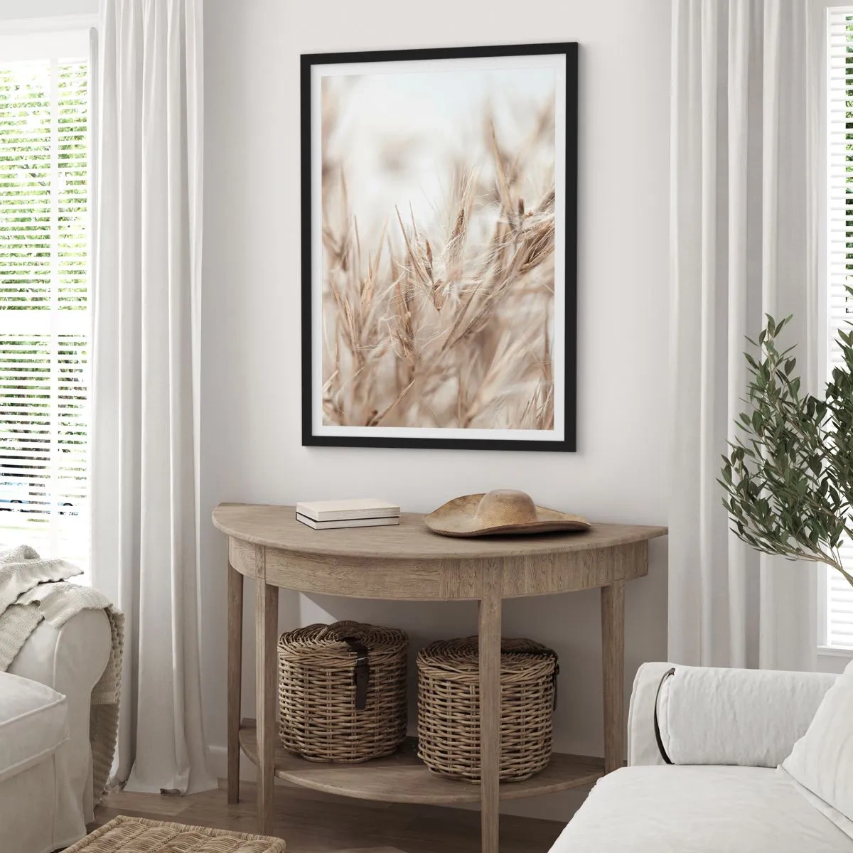 Plagát v čiernom ráme - Jemné klasy trávy v béžovej farbe - 50x70cm - Lúka a vietor - Moderná nástenná dekorácia do obývacej izby a spálne ARTTOR