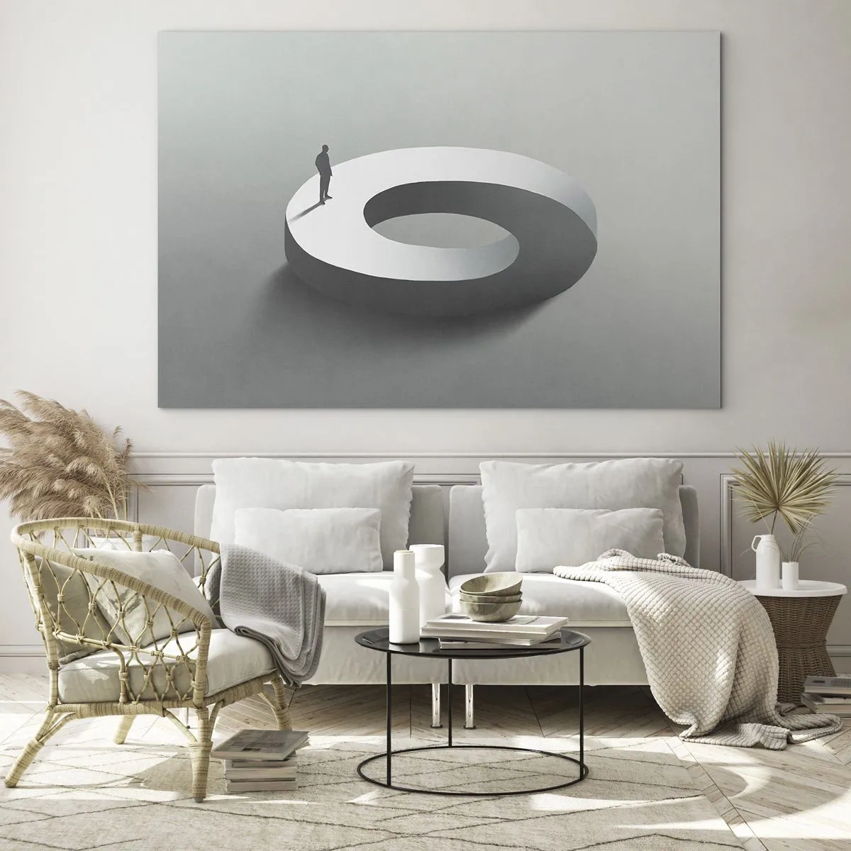 Obraz na skle - Minimalistická silueta muža na bielom prsteni - 70x50cm - To pochopíš - Moderná nástenná dekorácia do obývacej izby a spálne ARTTOR
