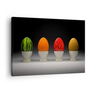 Obraz na plátne - Farebné vajíčka pripomínajúce ovocie na tmavom pozadí - 70x50cm - Ovocné raňajky - Moderná nástenná dekorácia do obývacej izby a spálne ARTTOR