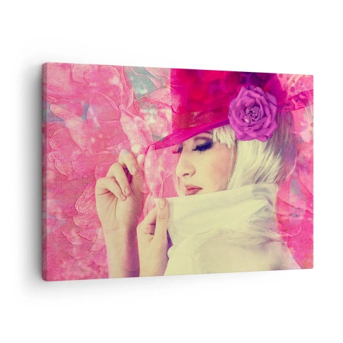 Obraz na plátne - Štýlová žena v ružovom klobúku s kvetom - 70x50cm - Retro portrét v ružovej hmle - Moderná nástenná dekorácia do obývacej izby a spálne ARTTOR