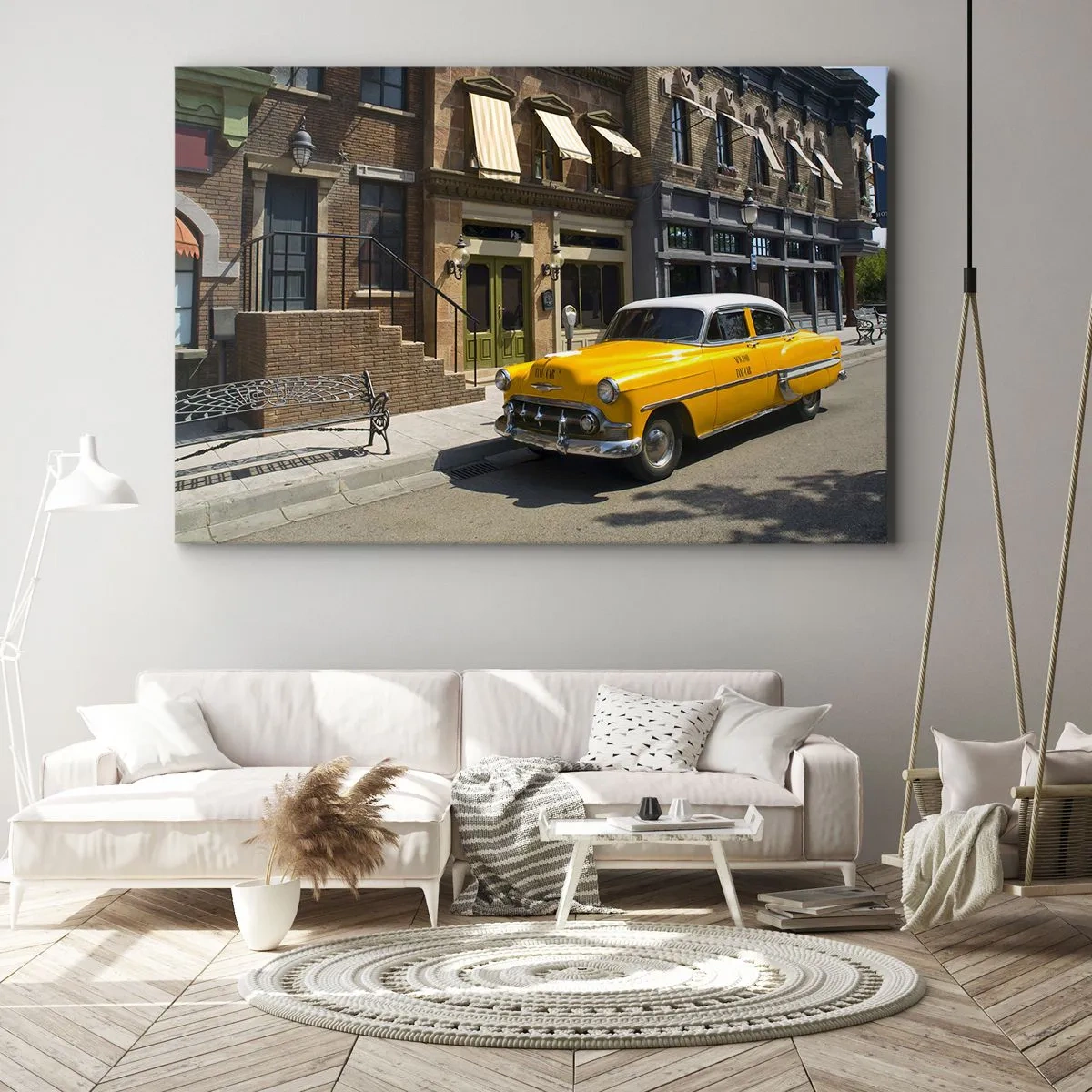 Obraz na plátne - Žltý taxík na ulici lemovanej činžiakovými domami - 70x50cm - Kedysi dávno v Amerike - Moderná nástenná dekorácia do obývacej izby a spálne ARTTOR