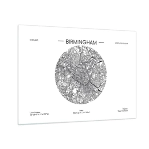Obraz na skle - Čiernobiela mapa Birminghamu v modernom grafickom štýle - 70x50cm - Anatómia Birminghamu - Moderná nástenná dekorácia do obývacej izby a spálne ARTTOR