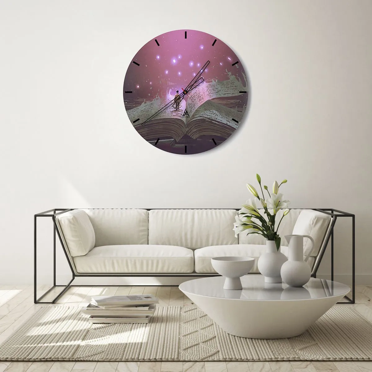 Nástenné hodiny - Otvorená kniha s magickou ružovou žiarou - 30x30cm - Pozvánka do iného sveta - prečítaj! - Moderná nástenná dekorácia do obývacej izby, kuchyne a spálne ARTTOR