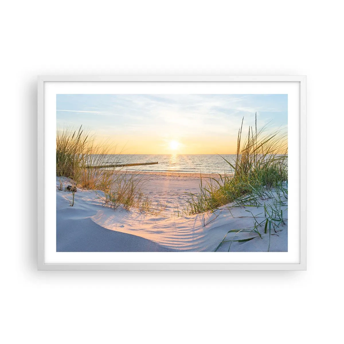 Plagát v bielom ráme - Šumenie mora, spev vtákov, divoká pláž uprostred trávy… - 70x50 cm