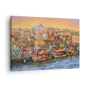 Obraz na plátne - Malebná panoráma Istanbulu s výhľadom na záliv a mesto - 70x50cm - Istanbulský príbeh - Moderná nástenná dekorácia do obývacej izby a spálne ARTTOR