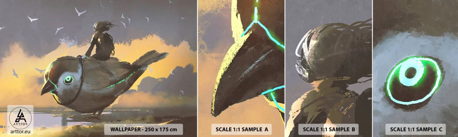 Vzorka samolepiacej fototapety Deluxe Sticker - Zastávka na fantastickej ceste - Abstrakcia, Vták, Fantázia - 100x30 cm