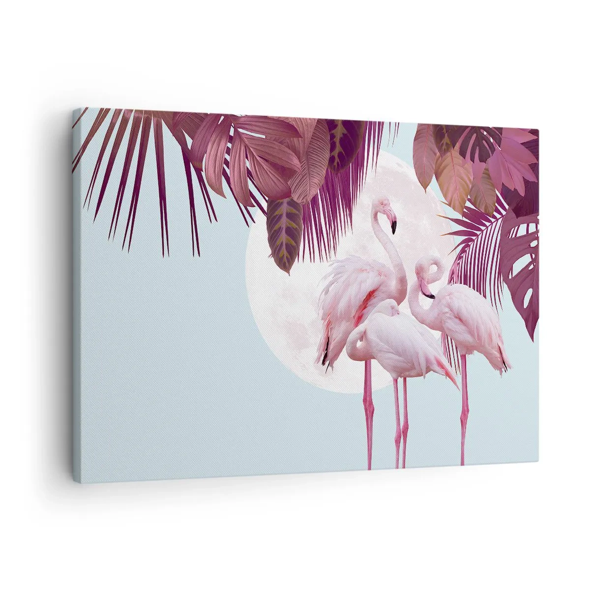 Obraz na plátne - Ružové plameniaky na pozadí mesiaca a tropických listov - 70x50cm - Tri vtáčie grácie - Moderná nástenná dekorácia do obývacej izby a spálne ARTTOR