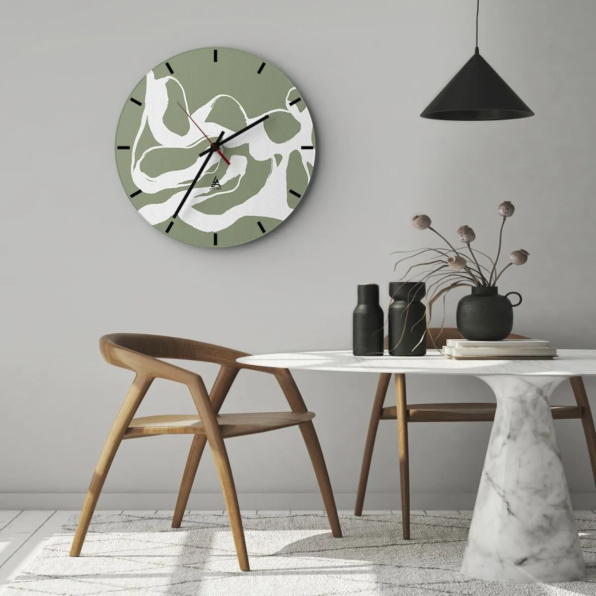 Nástenné hodiny - Organické biele tvary na olivovozelenom pozadí - 30x30cm - Volanie priestoru - Moderná nástenná dekorácia do obývacej izby, kuchyne a spálne ARTTOR