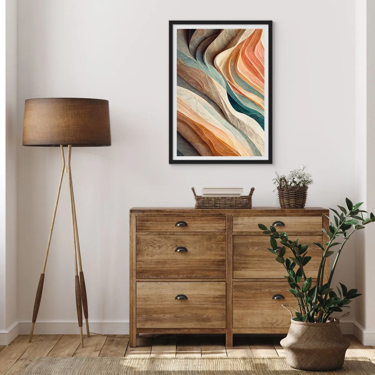 Plagát v čiernom ráme - Organické vlny v teplých, prirodzených odtieňoch - 50x70cm - Okamih pred zmenou - Moderná nástenná dekorácia do obývacej izby a spálne ARTTOR