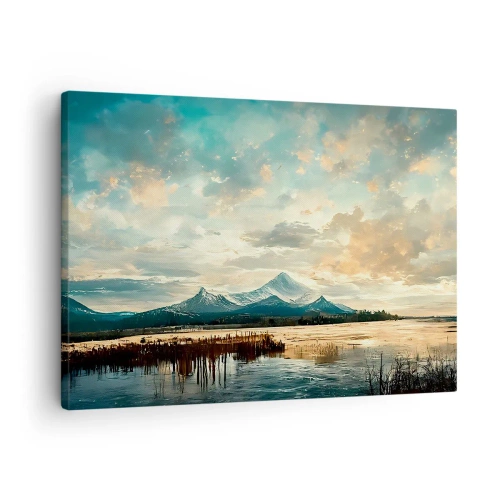 Obraz na plátne - Malebná krajina s horou a pokojným jazerom - 70x50cm - Pod ochranou neba - Moderná nástenná dekorácia do obývacej izby a spálne ARTTOR
