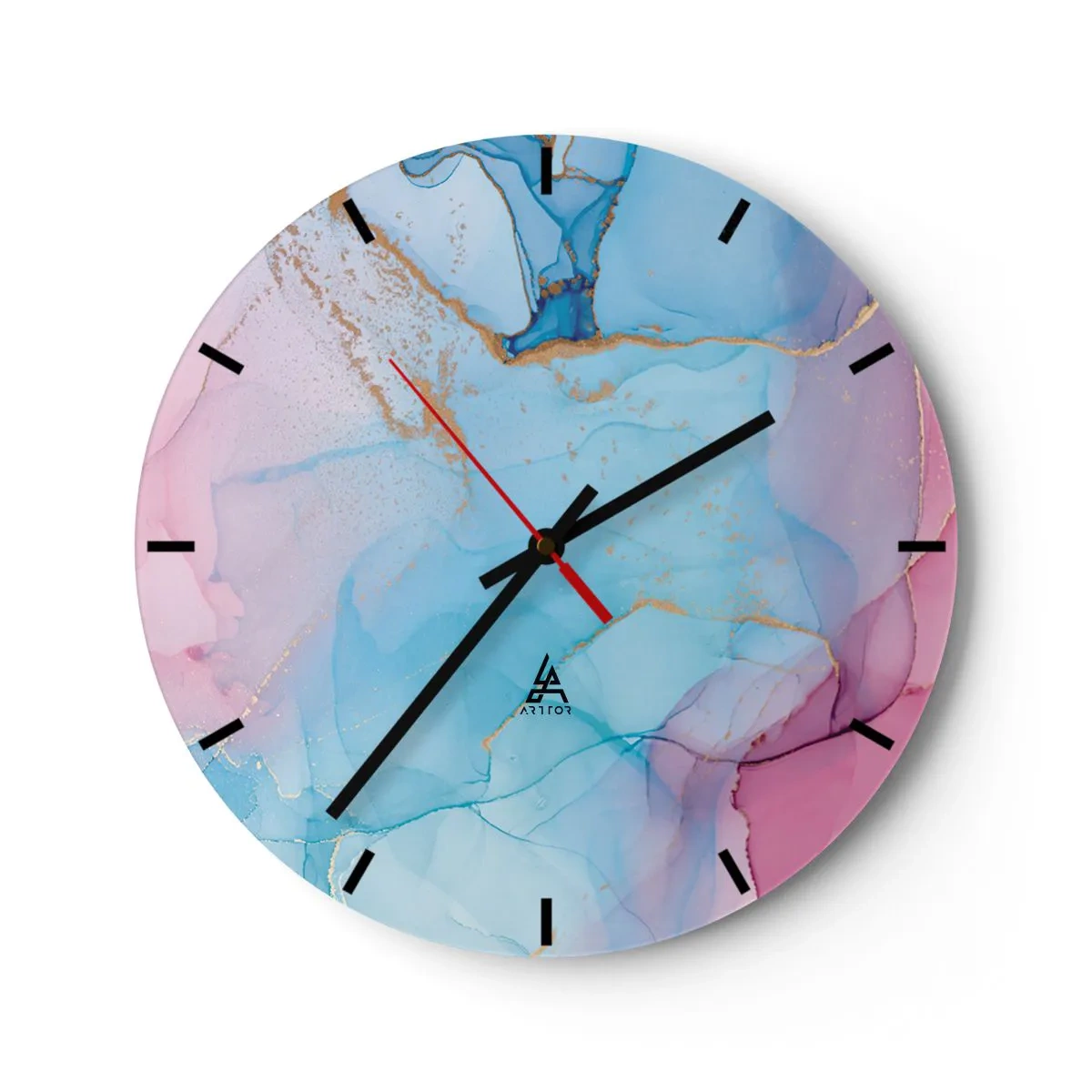 Nástenné hodiny - Abstrakcia v pastelových farbách so zlatými akcentmi - 30x30cm - Stretávanie a prelínanie - Moderná nástenná dekorácia do obývacej izby, kuchyne a spálne ARTTOR