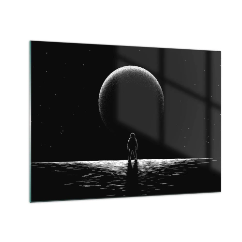 Obraz na skle - Astronaut stojaci pred planétou v čiernobielom prevedení - 70x50cm - Tvári v tvár - Moderná nástenná dekorácia do obývacej izby a spálne ARTTOR