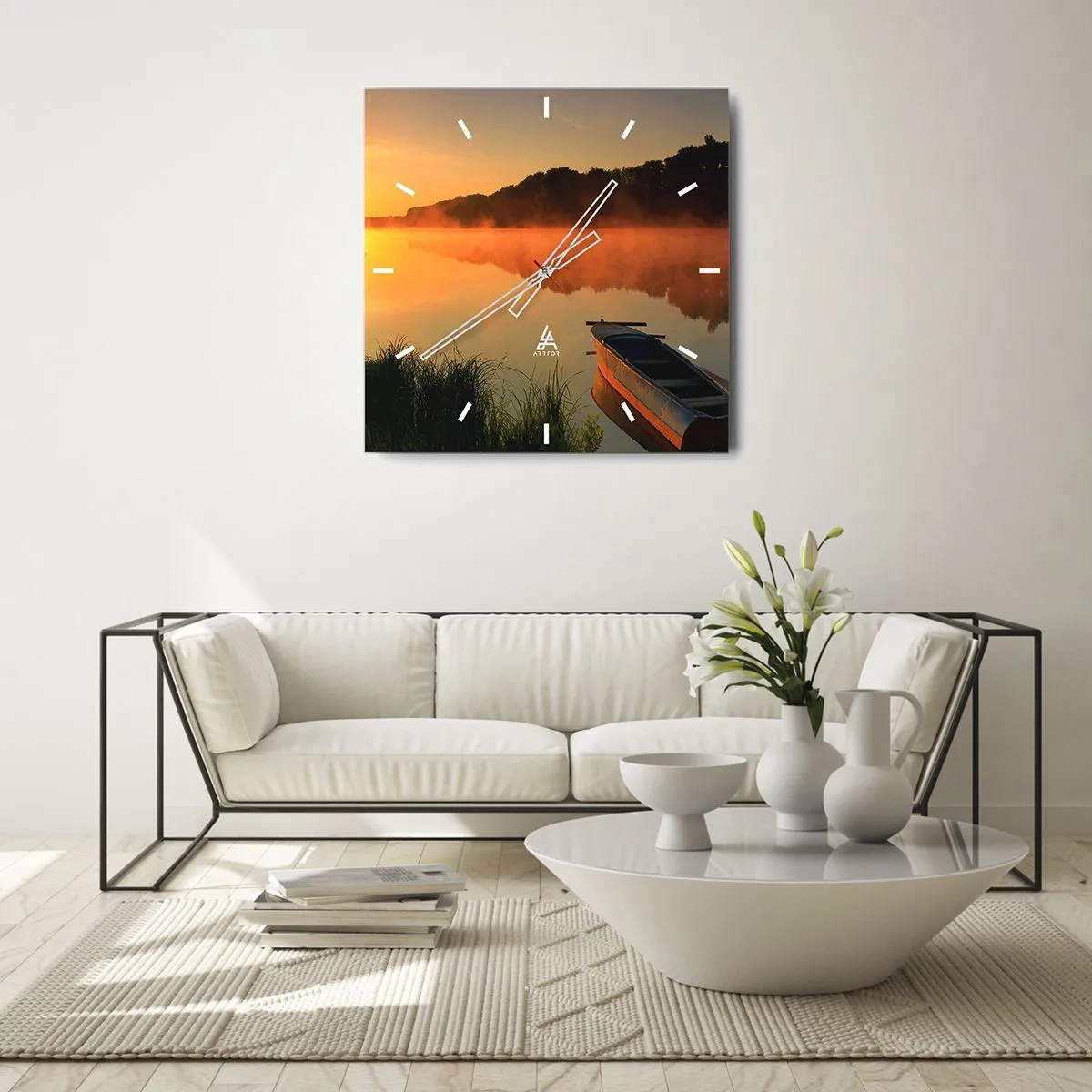 Nástenné hodiny - Východ slnka pri vode ako povrch zrkadla - 30x30 cm