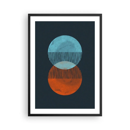 Plagát v čiernom ráme - Abstraktné kruhy v odtieňoch modrej a oranžovej - 50x70cm - Astronomická fantázia - Moderná nástenná dekorácia do obývacej izby a spálne ARTTOR
