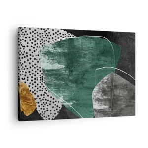 Obraz na plátne - Abstraktná kompozícia so zelenými tvarmi a bodkovými vzormi - 70x50cm - Farebná abstrakcia so zlatou vločkou - Moderná nástenná dekorácia do obývacej izby a spálne ARTTOR