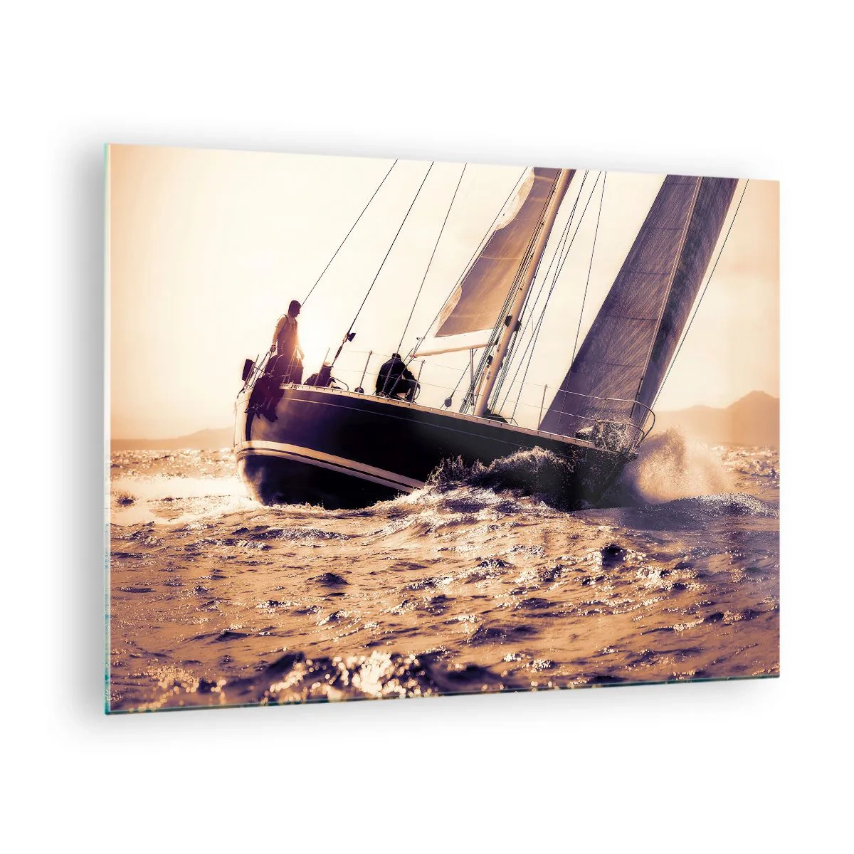 Obraz na skle - Plachetnica na rozbúrenom mori v teplých odtieňoch - 70x50cm - Plav, námorník - Moderná nástenná dekorácia do obývacej izby a spálne ARTTOR