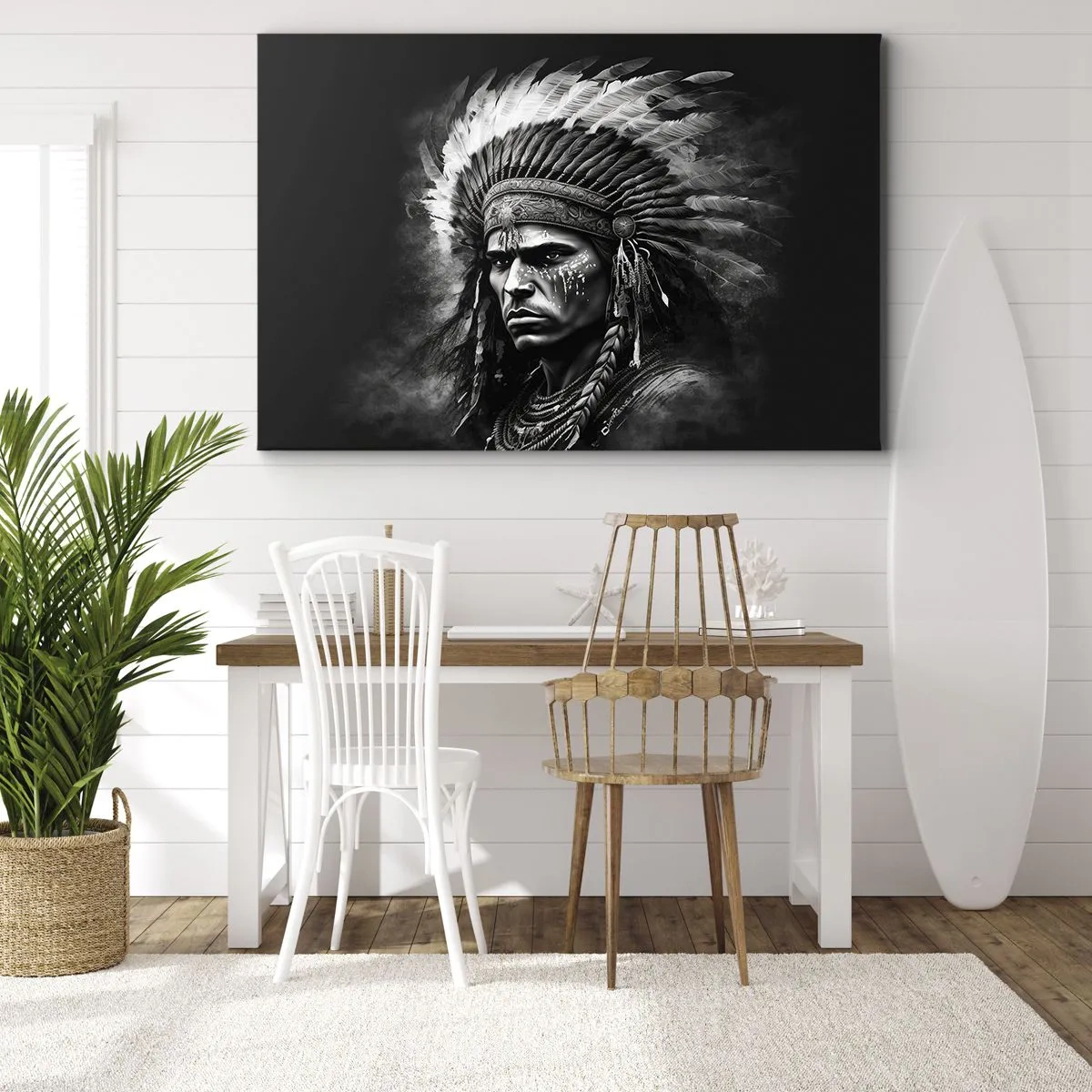 Obraz na plátne - Portrét náčelníka v pernatej čelenke na čiernom pozadí - 70x50cm - Vodca a bojovník - Moderná nástenná dekorácia do obývacej izby a spálne ARTTOR