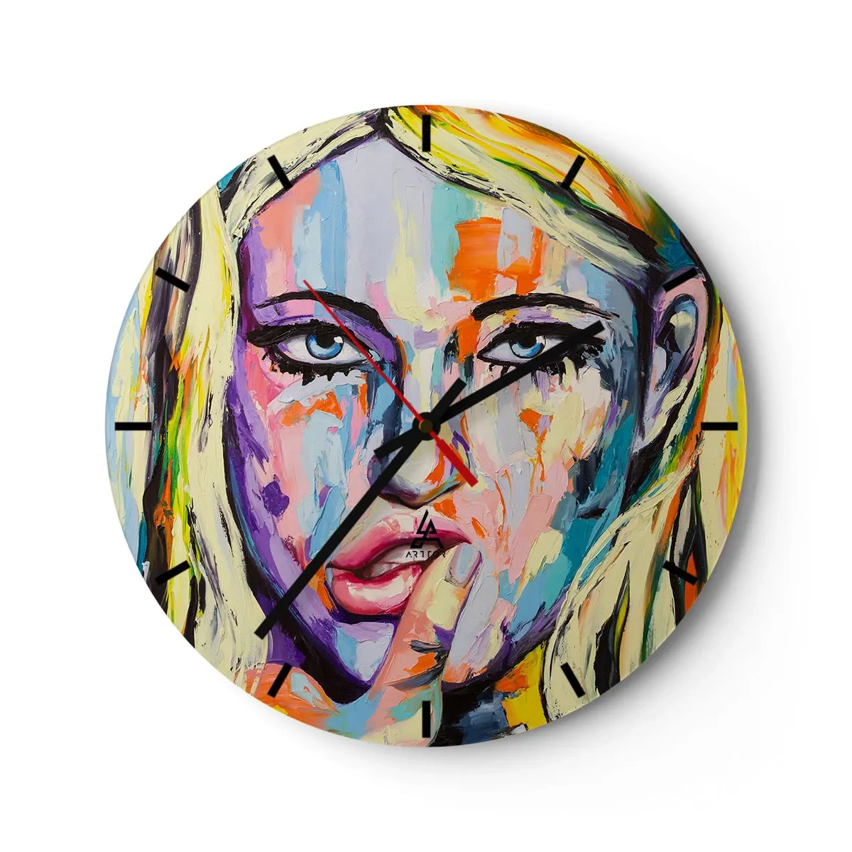 Nástenné hodiny - Umelecký portrét ženy v pestrofarebných farbách - 30x30cm - Pozri sa jej priamo do očí - Moderná nástenná dekorácia do obývacej izby, kuchyne a spálne ARTTOR