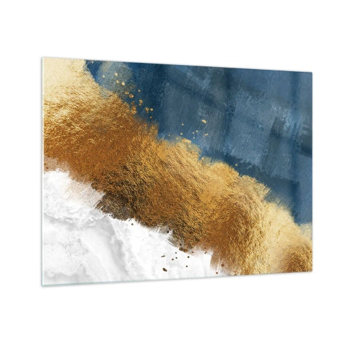 Obraz na skle - Zlaté ťahy farby na námorníckom modrom a bielom pozadí - 70x50cm - Farby leta - Moderná nástenná dekorácia do obývacej izby a spálne ARTTOR
