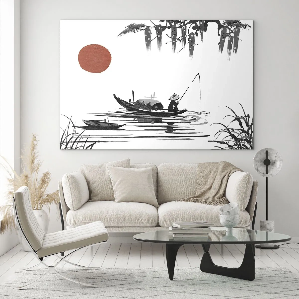 Obraz na skle - Tradičná rybárska loď na rieke s červeným slnkom - 70x50cm - Ázijské popoludnie - Moderná nástenná dekorácia do obývacej izby a spálne ARTTOR