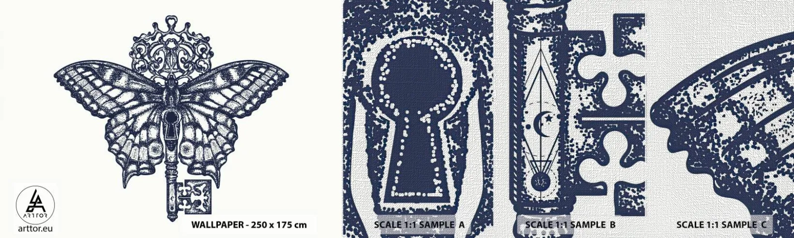 Vzorka fototapety Premium Canvas - Všetky tajomstvá srdca - Abstrakcia, Motýľ, kľúč - 100x30 cm