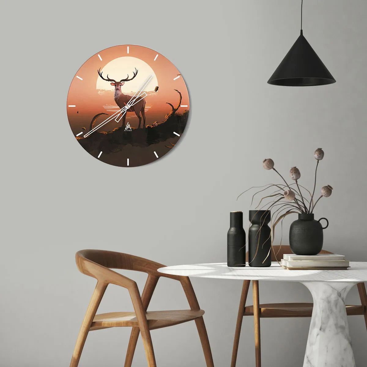 Nástenné hodiny - Silueta jeleňa proti zapadajúcemu slnku - 30x30cm - Táto noc sa nepodobá iným - Moderná nástenná dekorácia do obývacej izby, kuchyne a spálne ARTTOR
