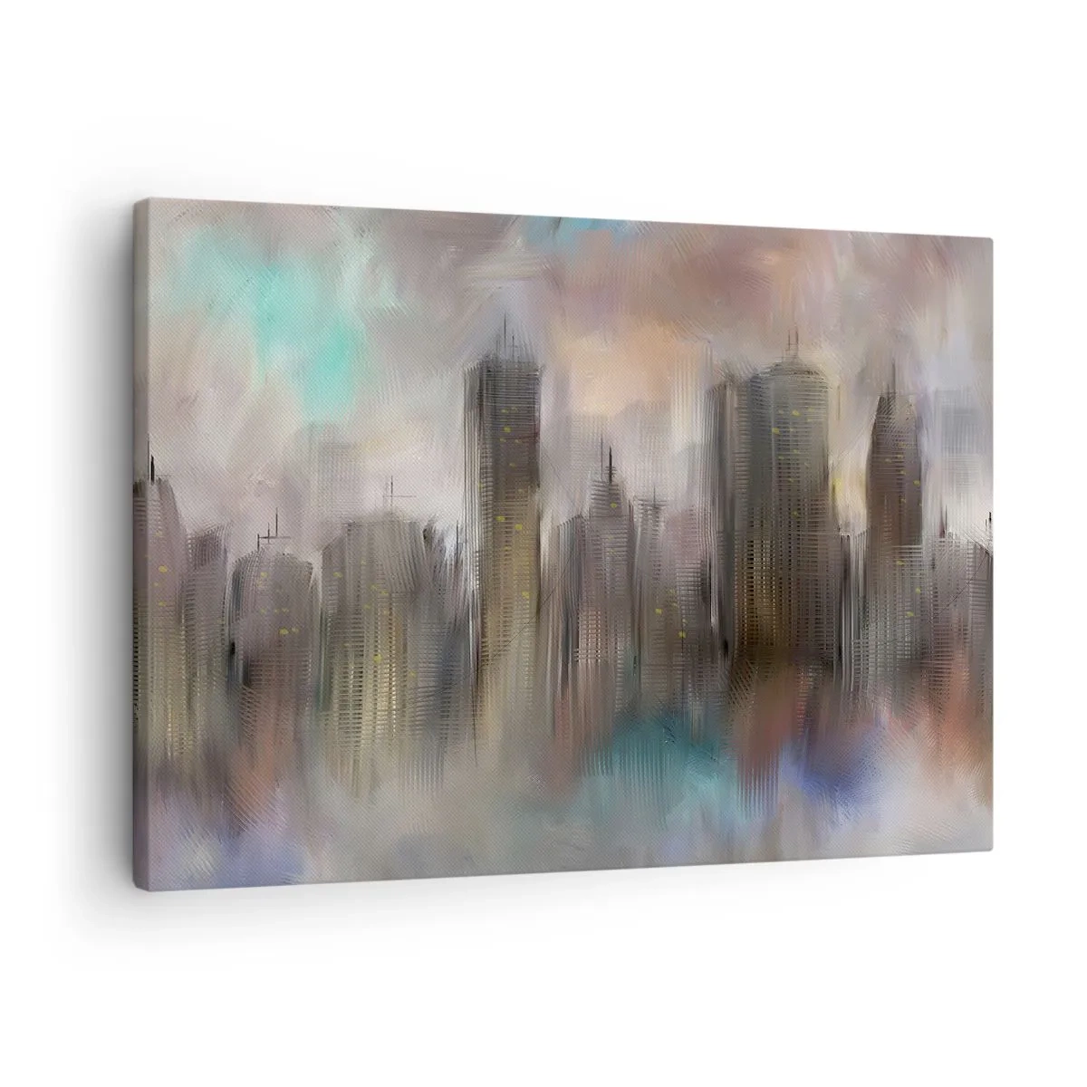 Obraz na plátne - Umelecká vízia mestskej krajiny s mrakodrapmi v pastelových farbách. - 70x50cm - Kompozícia z ocele, kameňa a hmly - Moderná nástenná dekorácia do obývacej izby a spálne ARTTOR