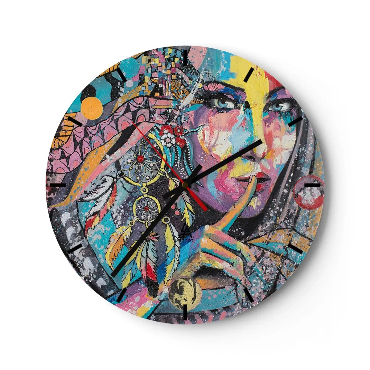 Nástenné hodiny - Farebná tvár s perím a geometrickým vzorom - 30x30cm - Mlč, než pochopíš - Moderná nástenná dekorácia do obývacej izby, kuchyne a spálne ARTTOR