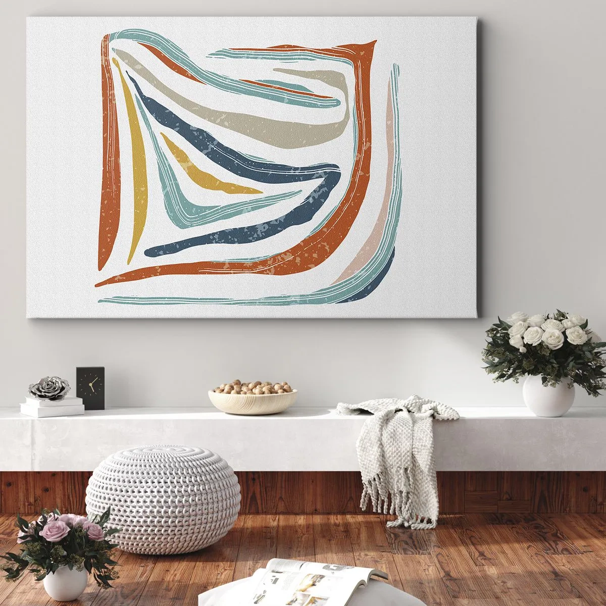 Obraz na plátne - Farebné, dynamické línie v odtieňoch modrej, oranžovej a béžovej - 70x50cm - Priateľsky usmievavá abstrakcia - Moderná nástenná dekorácia do obývacej izby a spálne ARTTOR