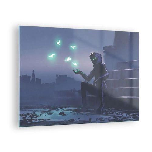 Obraz na skle - Postava v tme obklopená vznášajúcimi sa zelenými vtákmi - 70x50cm - Život sa vráti - Moderná nástenná dekorácia do obývacej izby a spálne ARTTOR