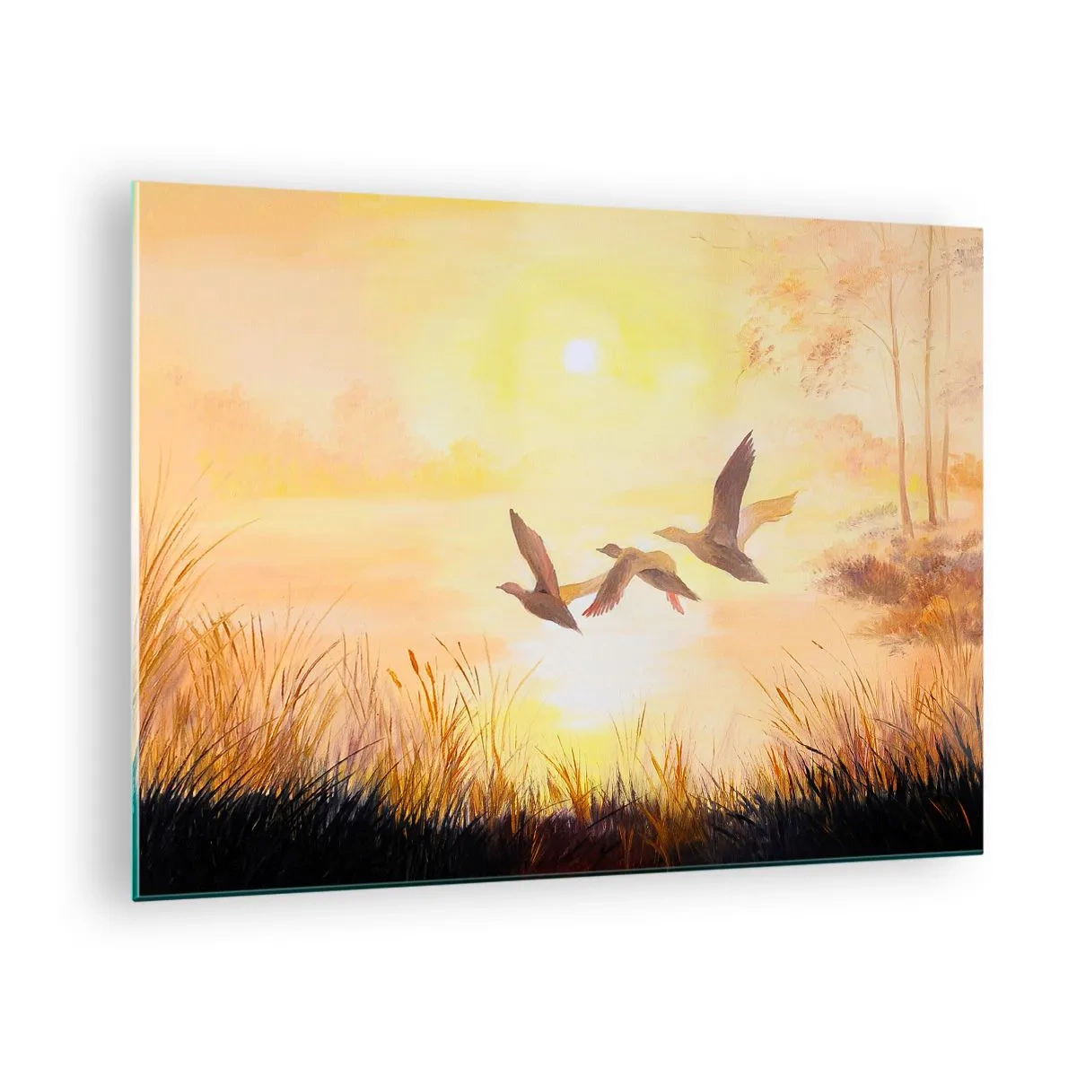 Obraz na skle - Tri kačice letiace nad jazerom pri východe slnka - 70x50cm - Začiatok ďalekej cesty - Moderná nástenná dekorácia do obývacej izby a spálne ARTTOR